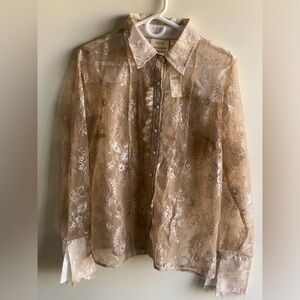 Anthropologie floral lace button up shirt victorian romantic golden top blouse